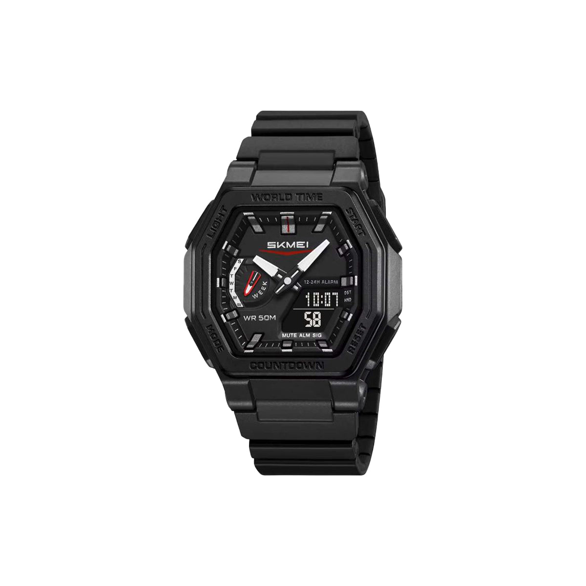 Black digital watch with metal strap on a white background