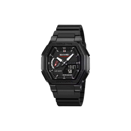 Black digital watch with metal strap on a white background