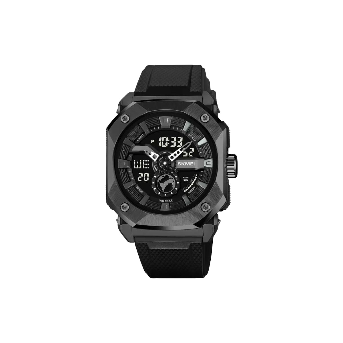 Black digital watch with a black strap on a white background