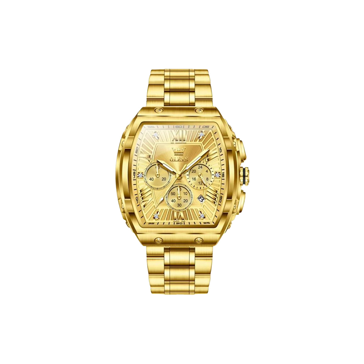 Gold wristwatch with detailed face on a white background