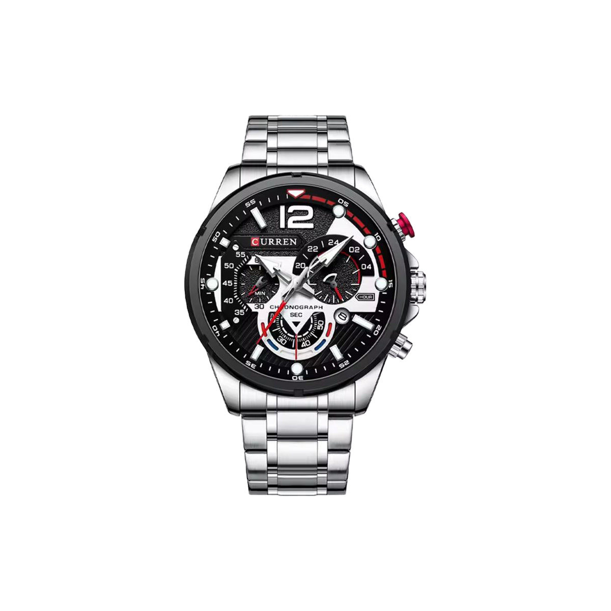 Silver wristwatch with a black face on a white background