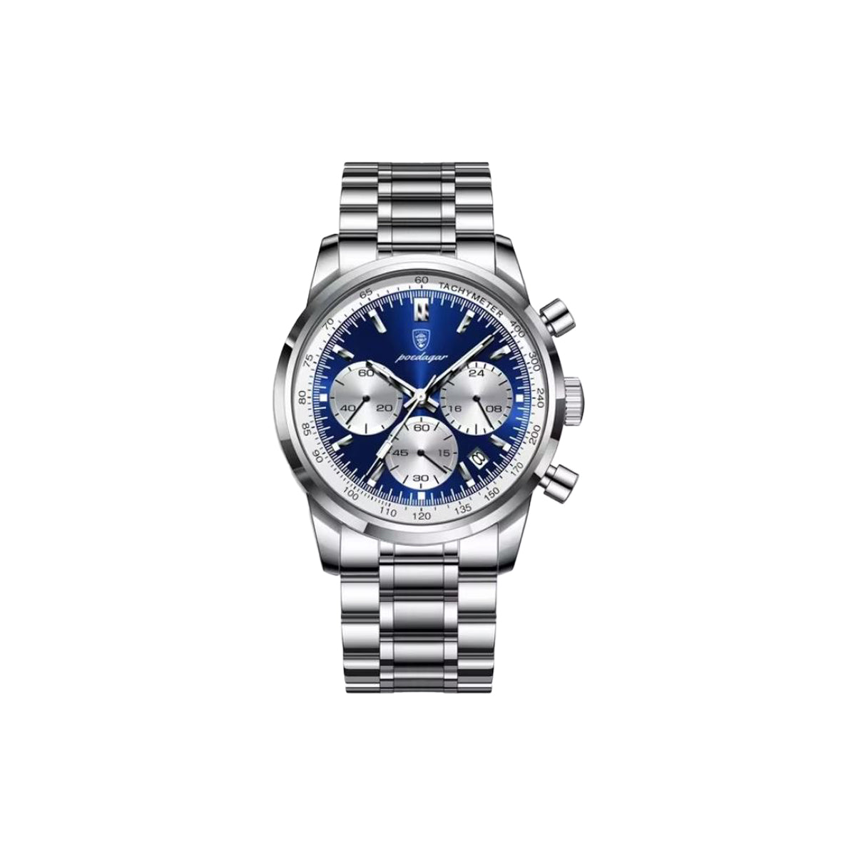 Silver watch with a blue face on a white background