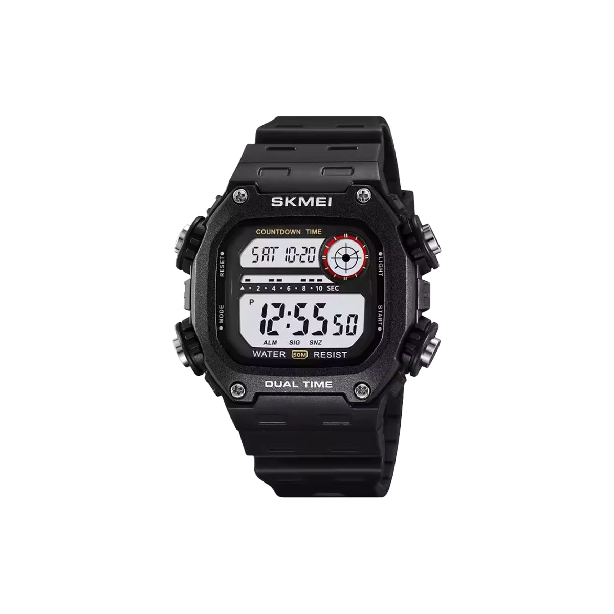 Black digital watch with dual time display on a white background