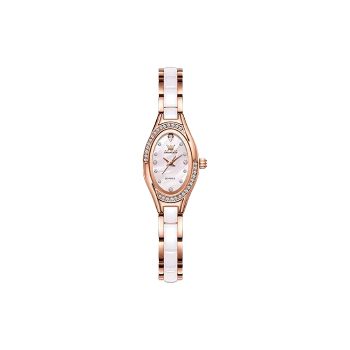 Wristwatch with rose gold and white ceramic band on a white background