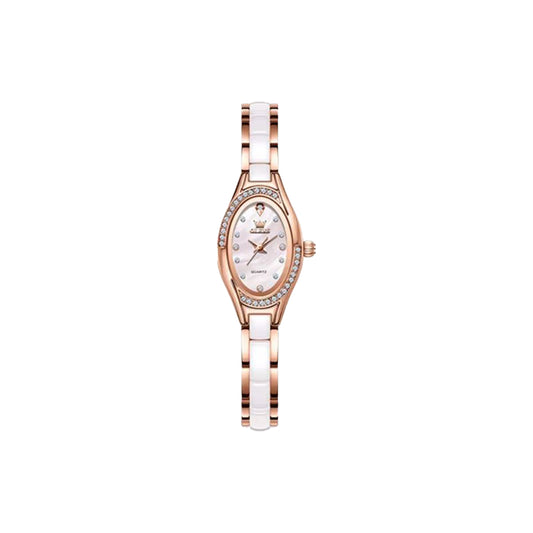 Wristwatch with rose gold and white ceramic band on a white background