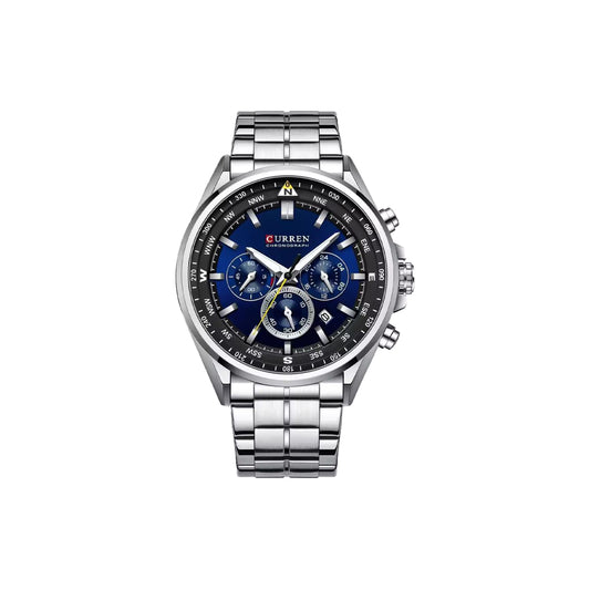 Silver watch with a blue face on a white background