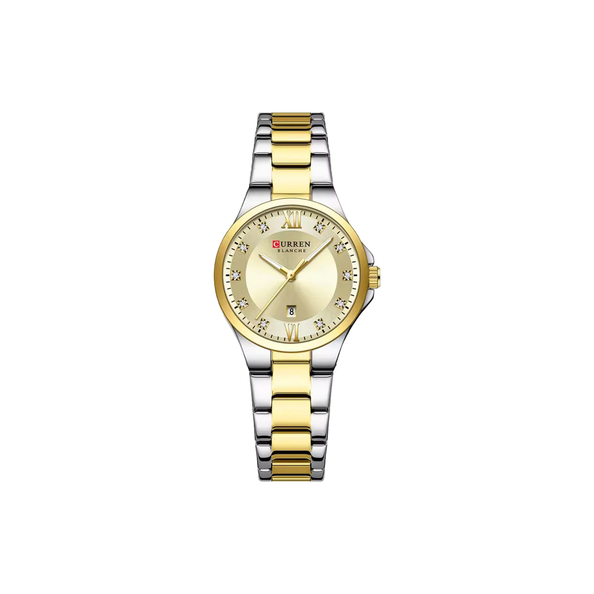 Two-tone silver and gold watch with a gold face on a white background