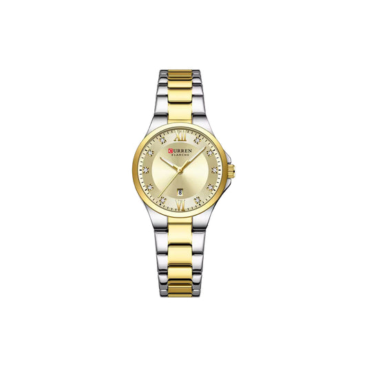 Two-tone silver and gold watch with a gold face on a white background