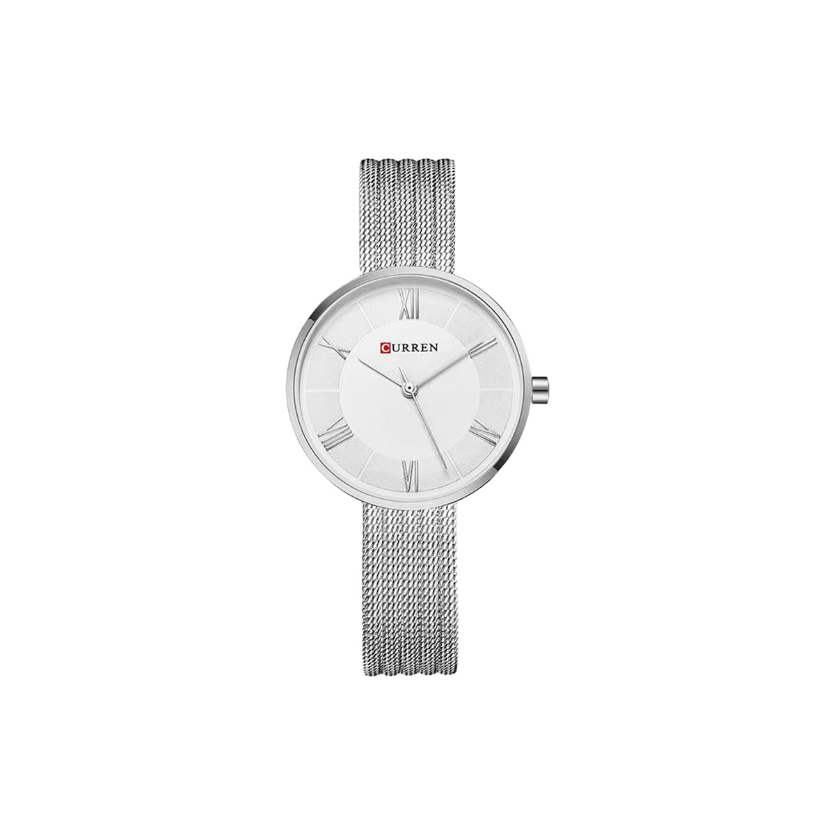 Silver watch with mesh band on a white background