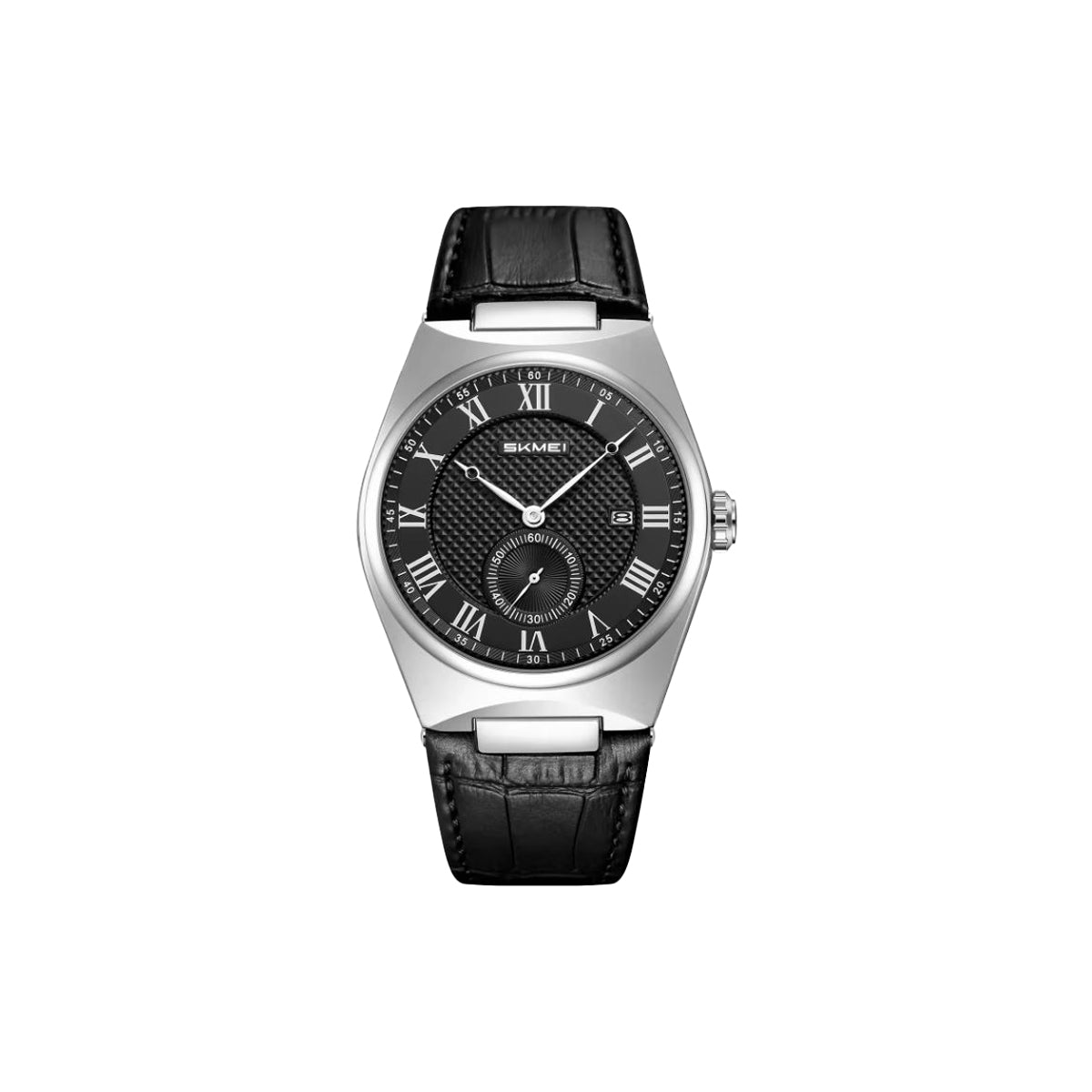 Wristwatch with black leather strap and silver case on a white background