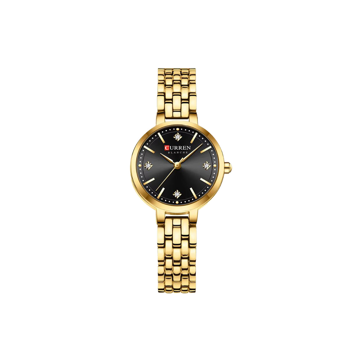 Gold wristwatch with black dial on a white background