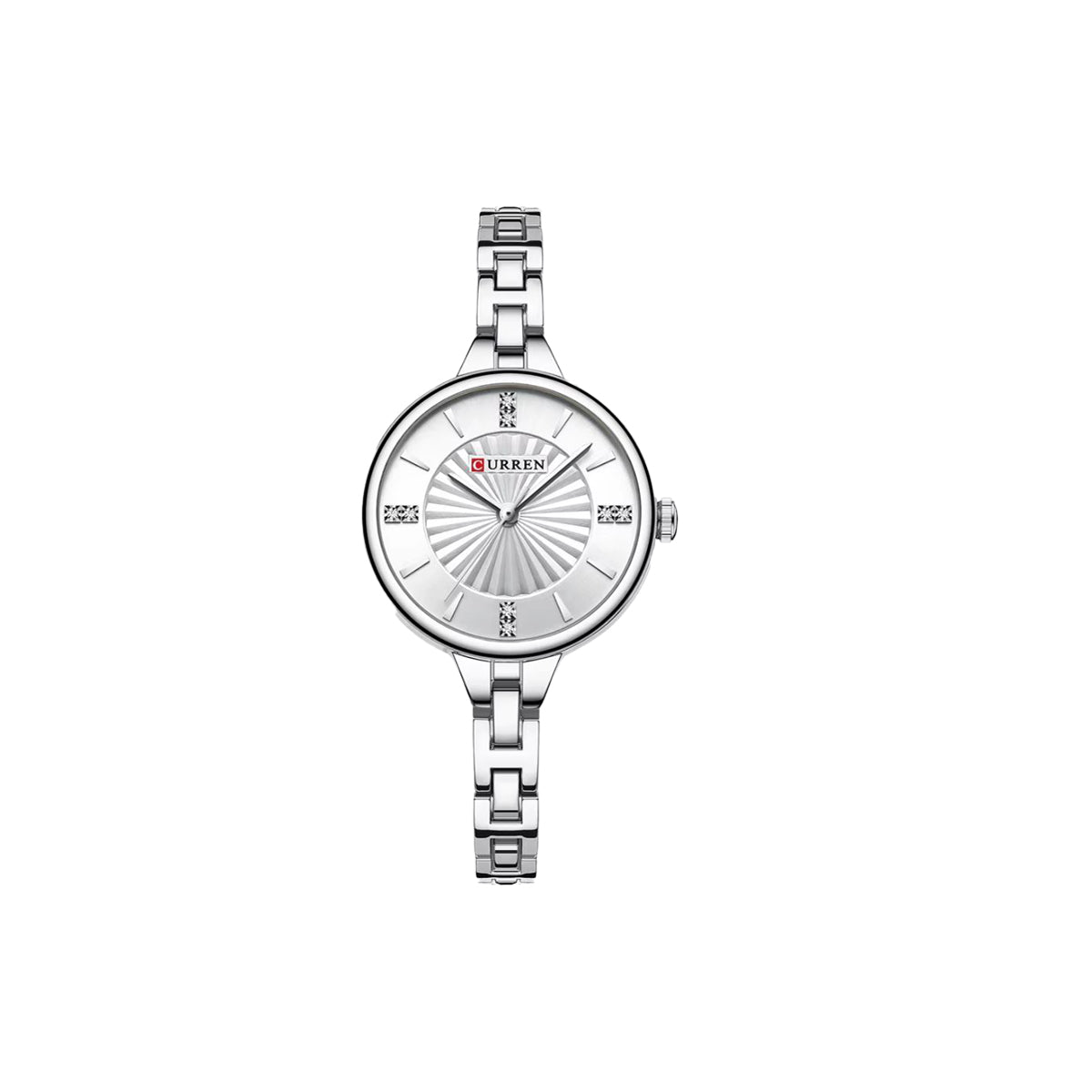 Silver watch with a white face on a white background