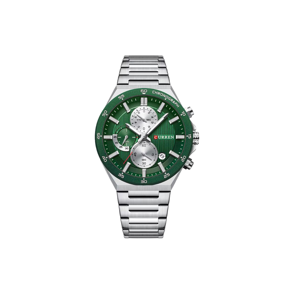 Green watch with silver bracelet on a white background