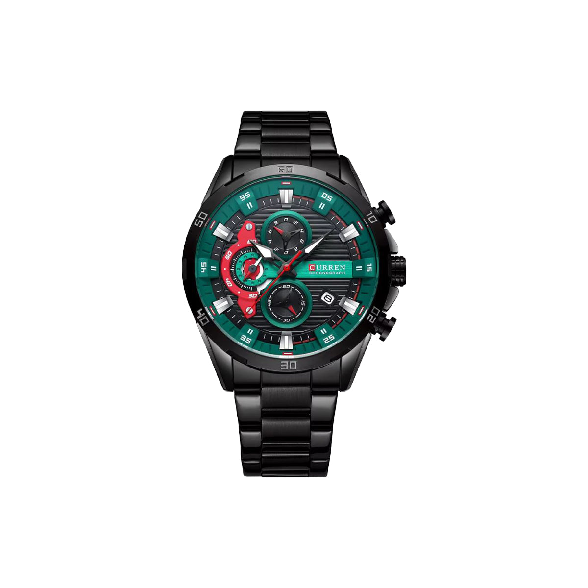 Black wristwatch with green and red face on a white background