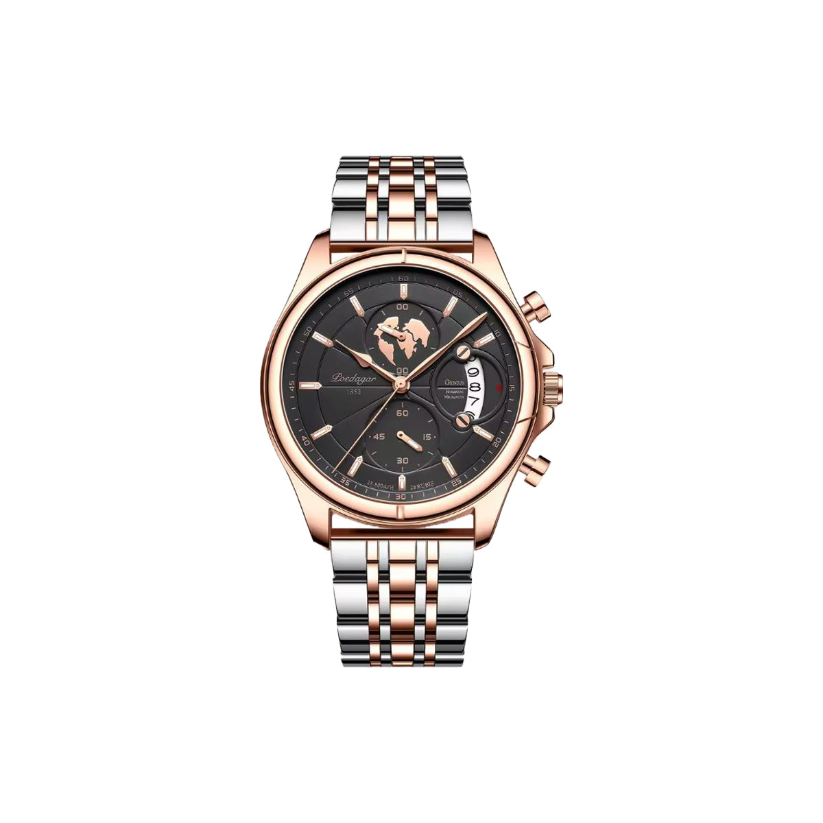 Luxury watch with rose gold and silver band on white background