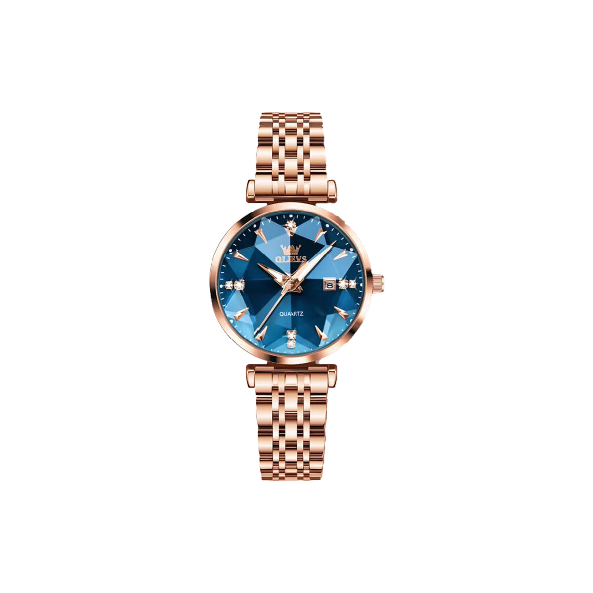 Rose gold watch with a blue dial on a white background