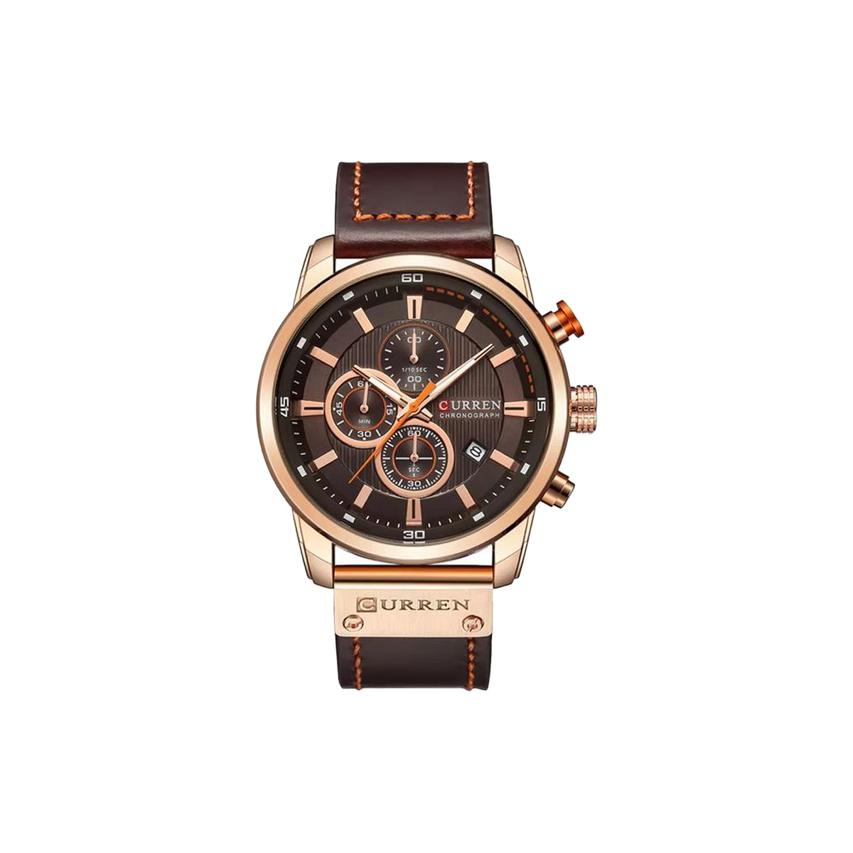 Wristwatch with brown leather strap and rose gold casing on a white background