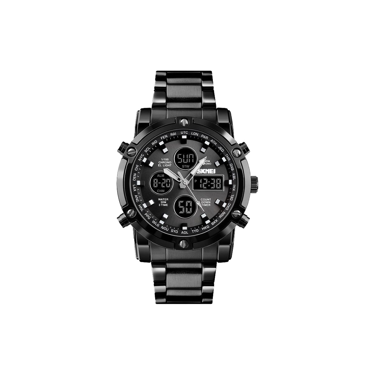Black wristwatch with digital and analog display on a white background