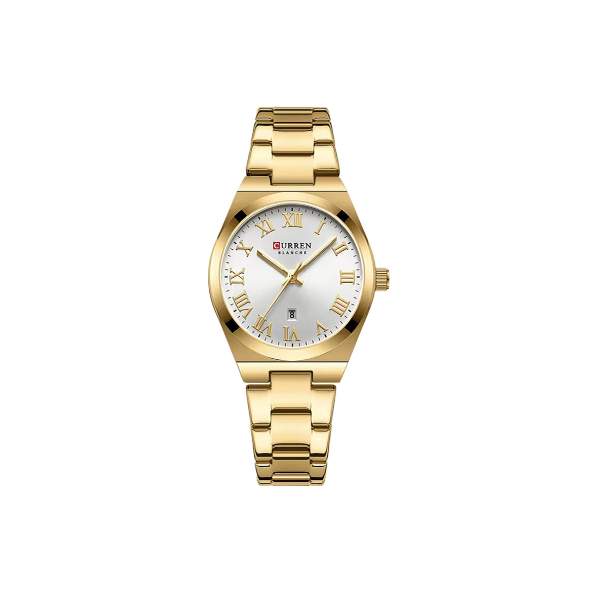 Gold wristwatch with a white face on a white background