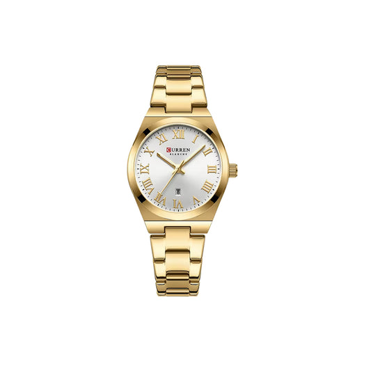 Gold wristwatch with a white face on a white background