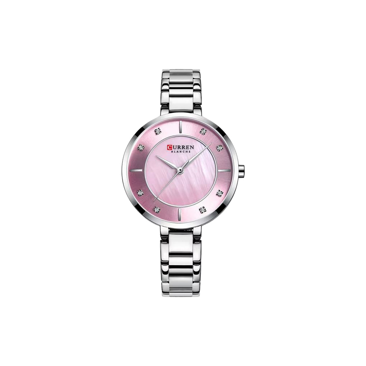 Wristwatch with pink dial and silver metal strap on a white background