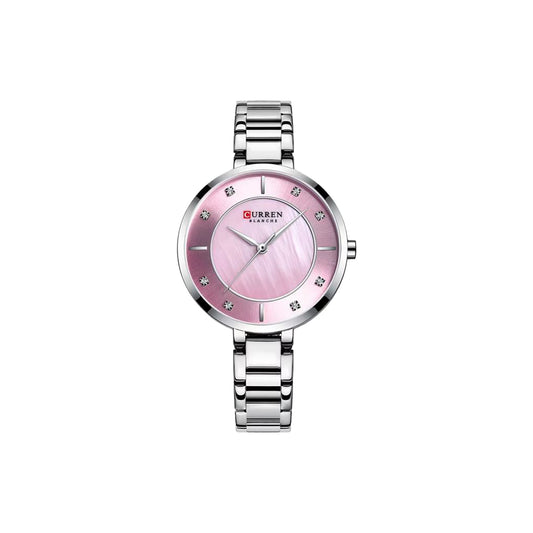 Wristwatch with pink dial and silver metal strap on a white background