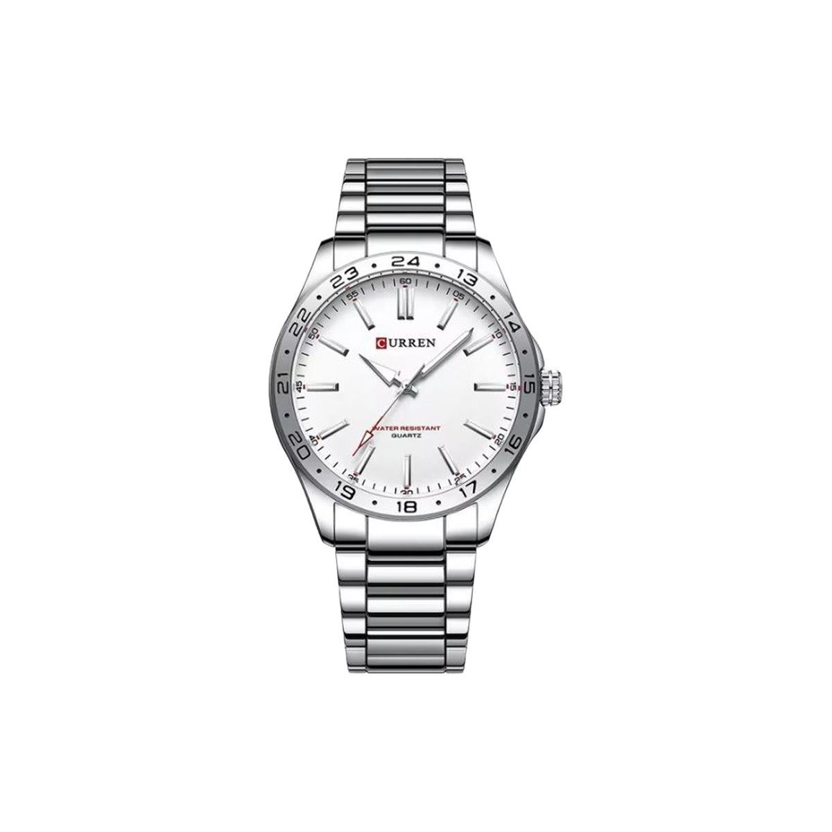 Silver wristwatch with white dial on a white background