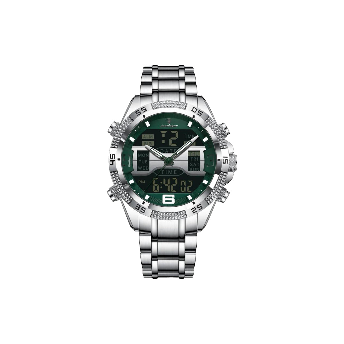 Silver watch with green digital face on a white background