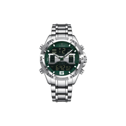 Silver watch with green digital face on a white background