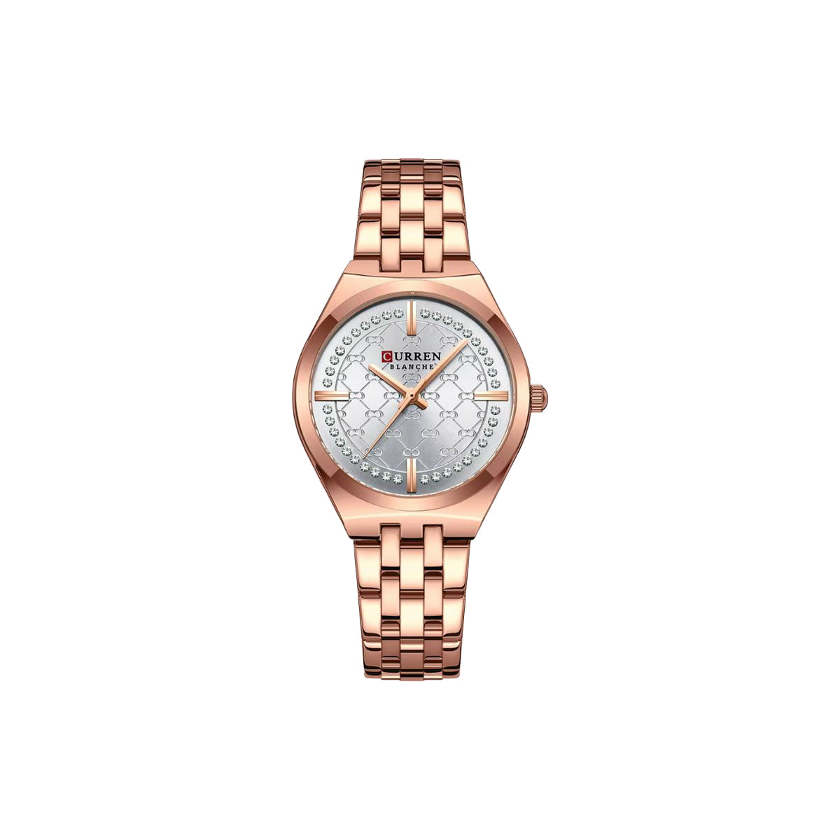 Rose gold watch with a silver face on a white background