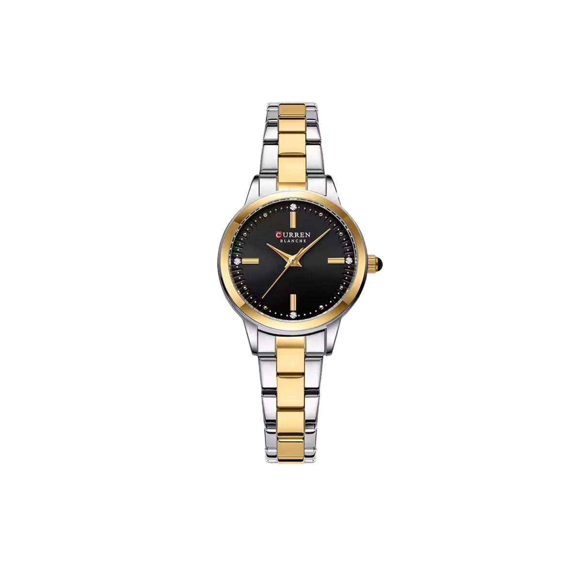 Two-tone watch with gold and silver band on a white background