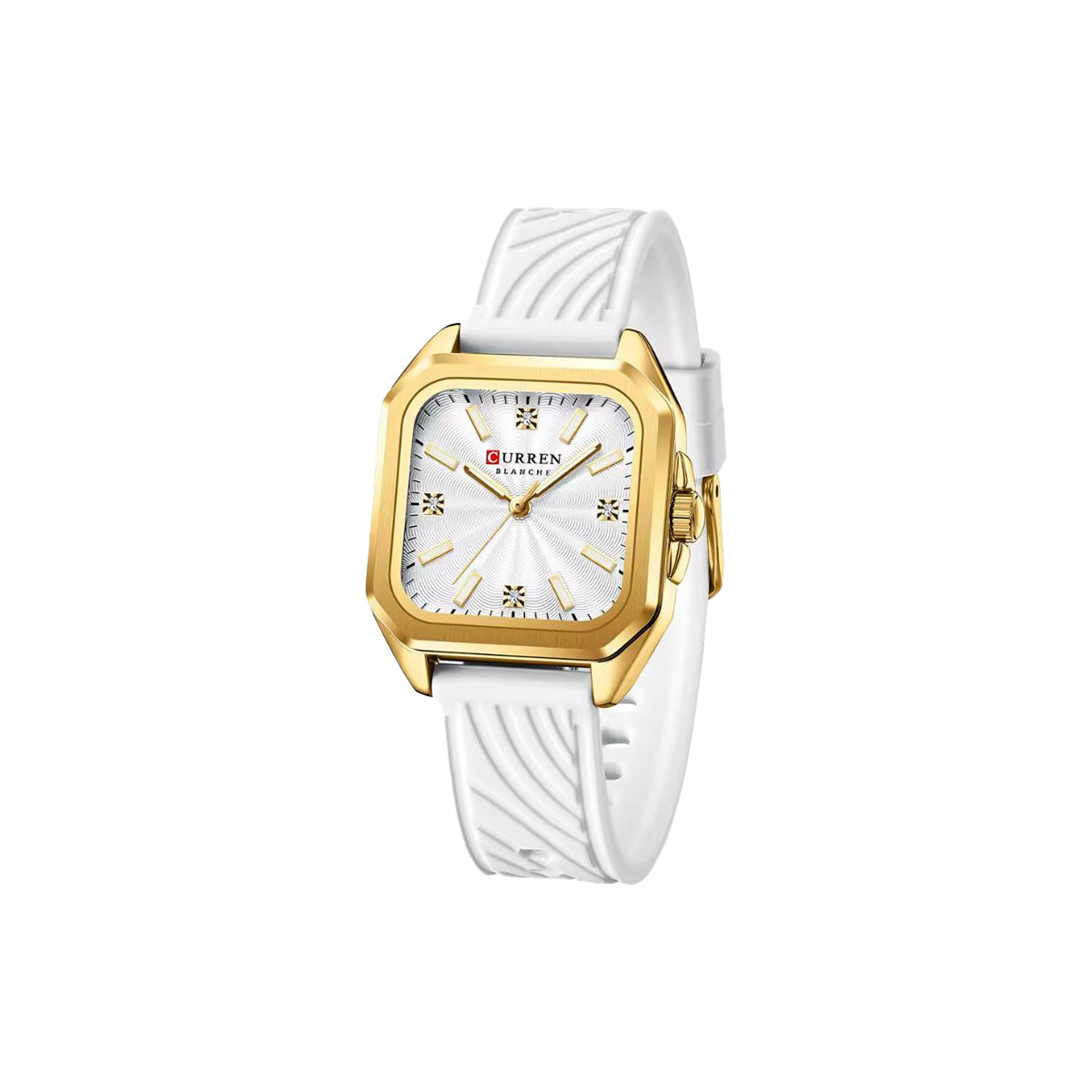 White watch with gold case and white strap on a white background