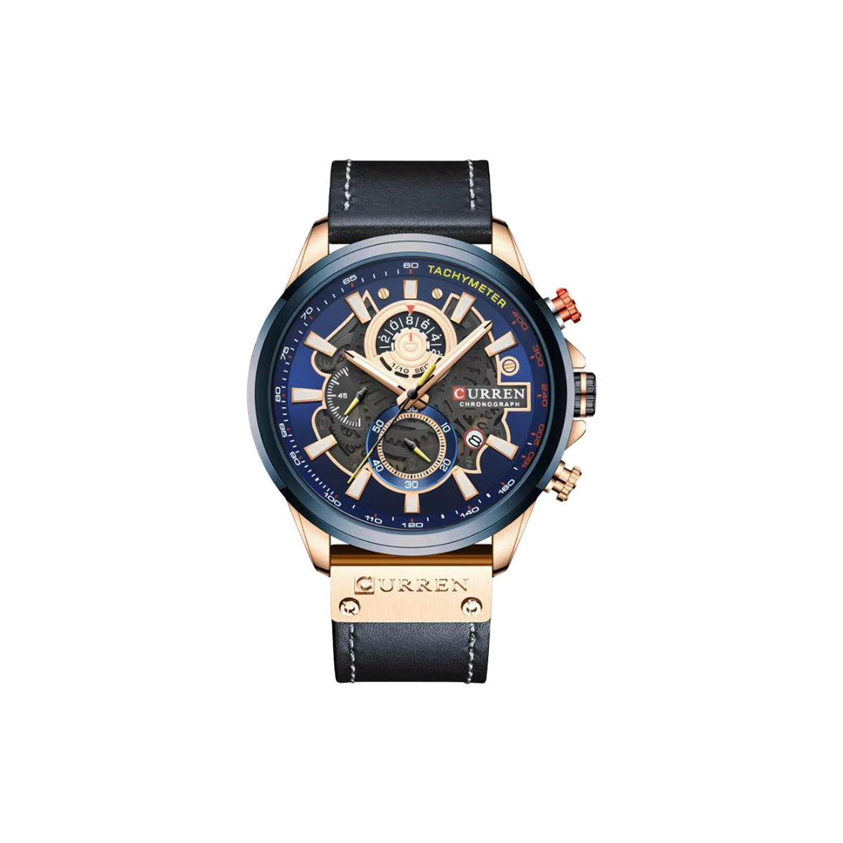 Curren watch with blue face and black leather strap on a white background