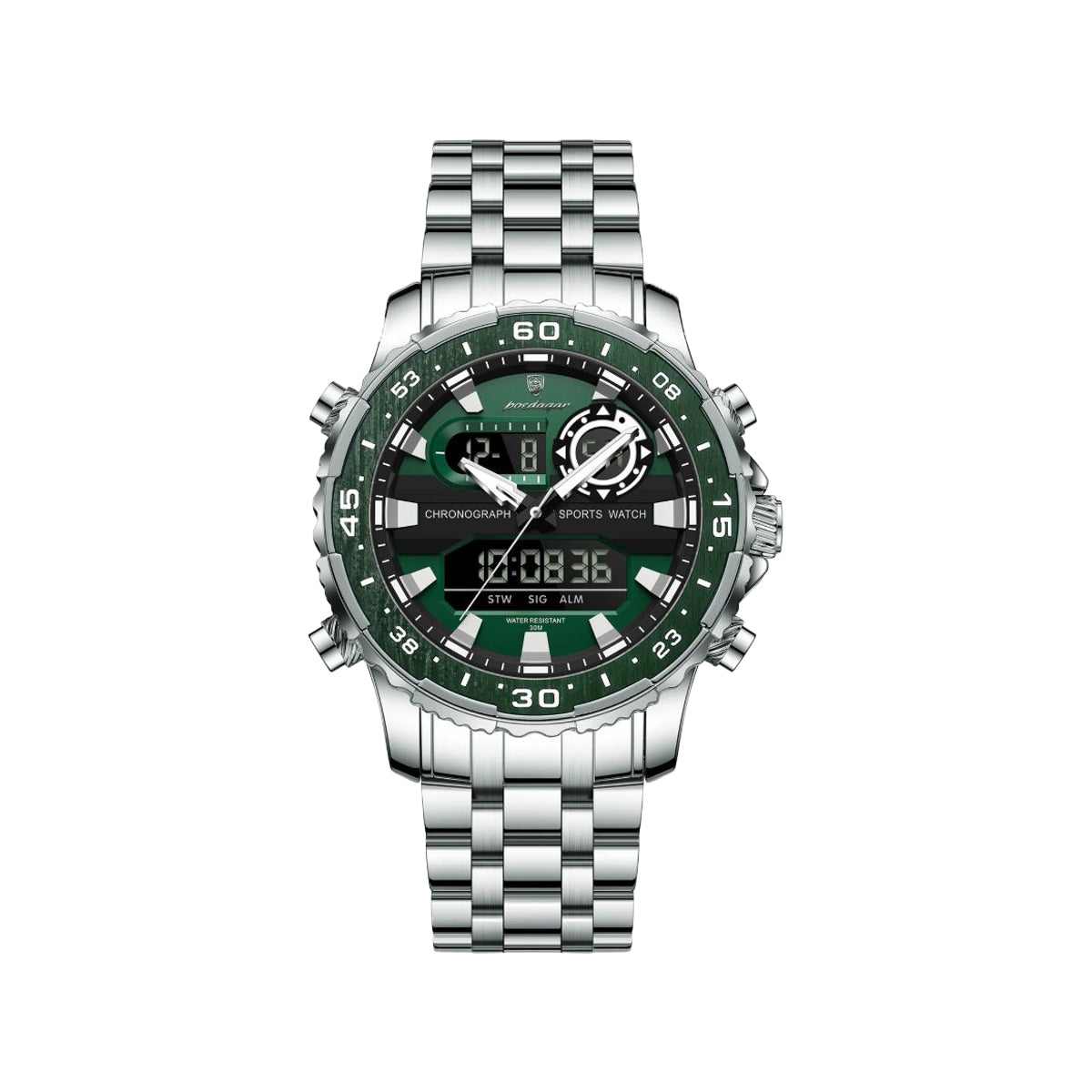 POEDAGAR 122 Luxury Dual Time LED Watch Silver Green – Waterproof Digital Stainless Steel Men’s Wristwatch