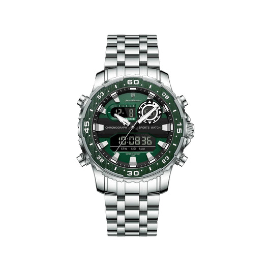 POEDAGAR 122 Luxury Dual Time LED Watch Silver Green – Waterproof Digital Stainless Steel Men’s Wristwatch