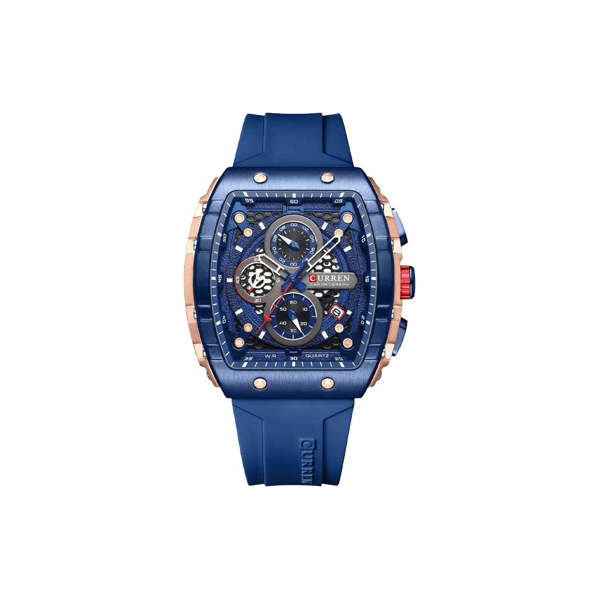 Blue watch with rose gold accents on a white background