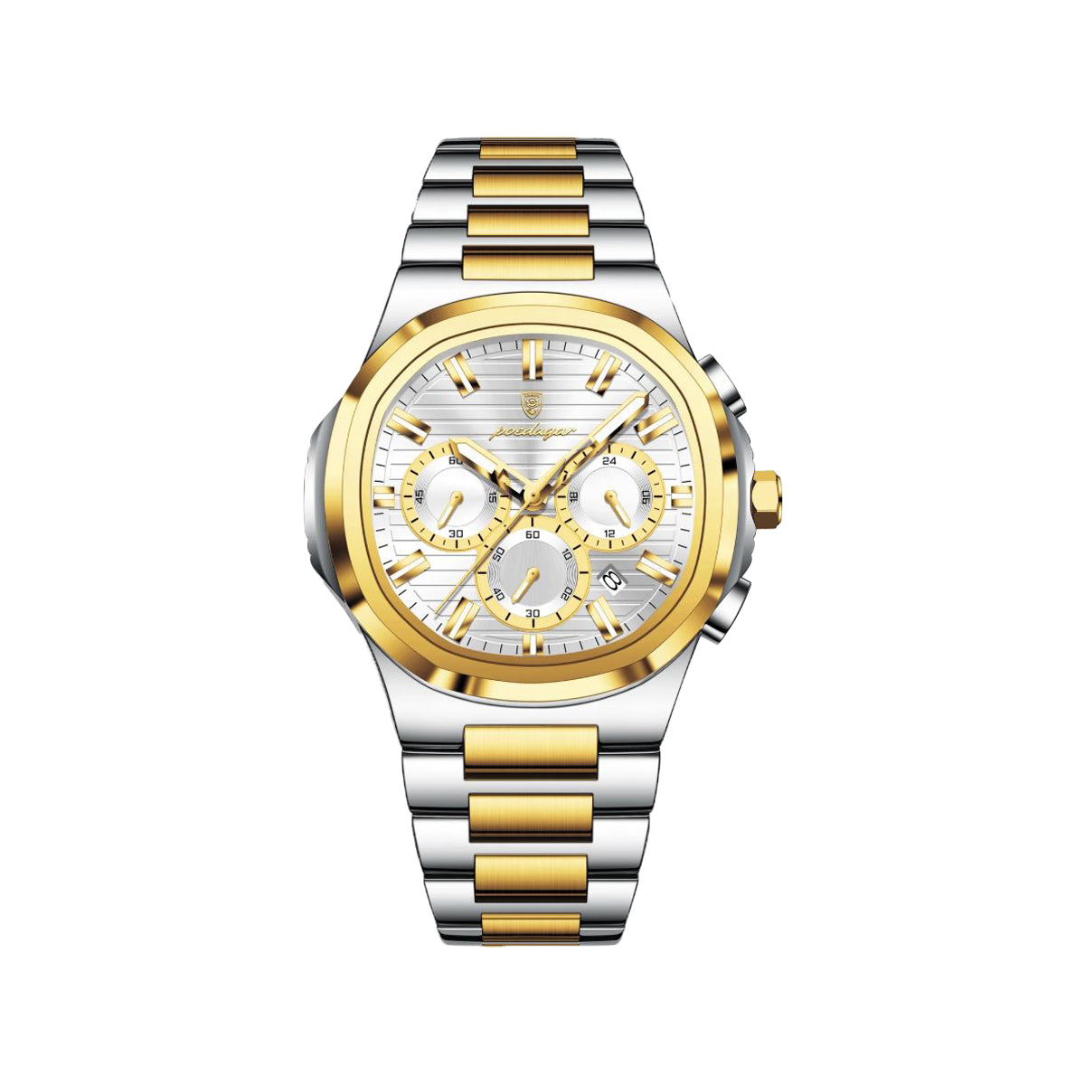 POEDAGAR 834 Men’s Luxury Square Quartz Watch Gold White– Waterproof Luminous Date Stainless Steel Wristwatch