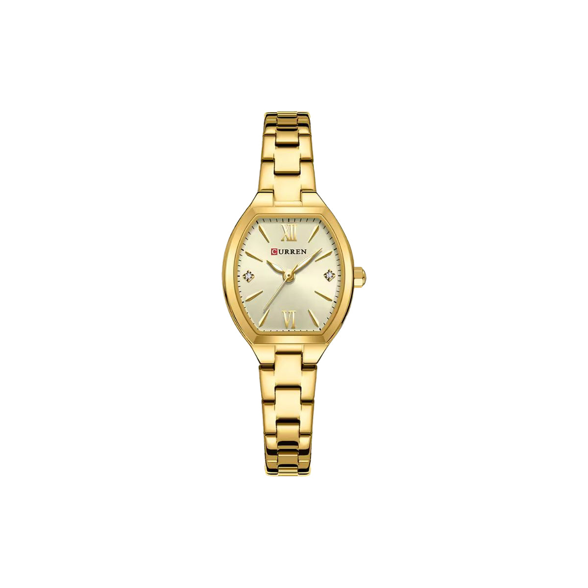 Gold wristwatch with a white face on a white background
