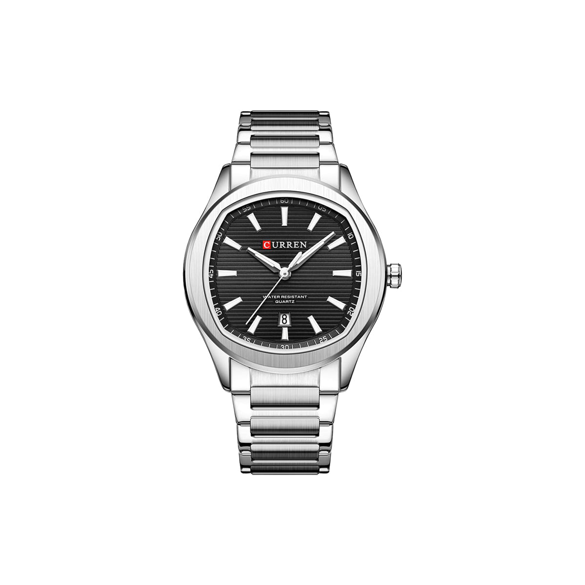 Silver watch with black dial on a white background