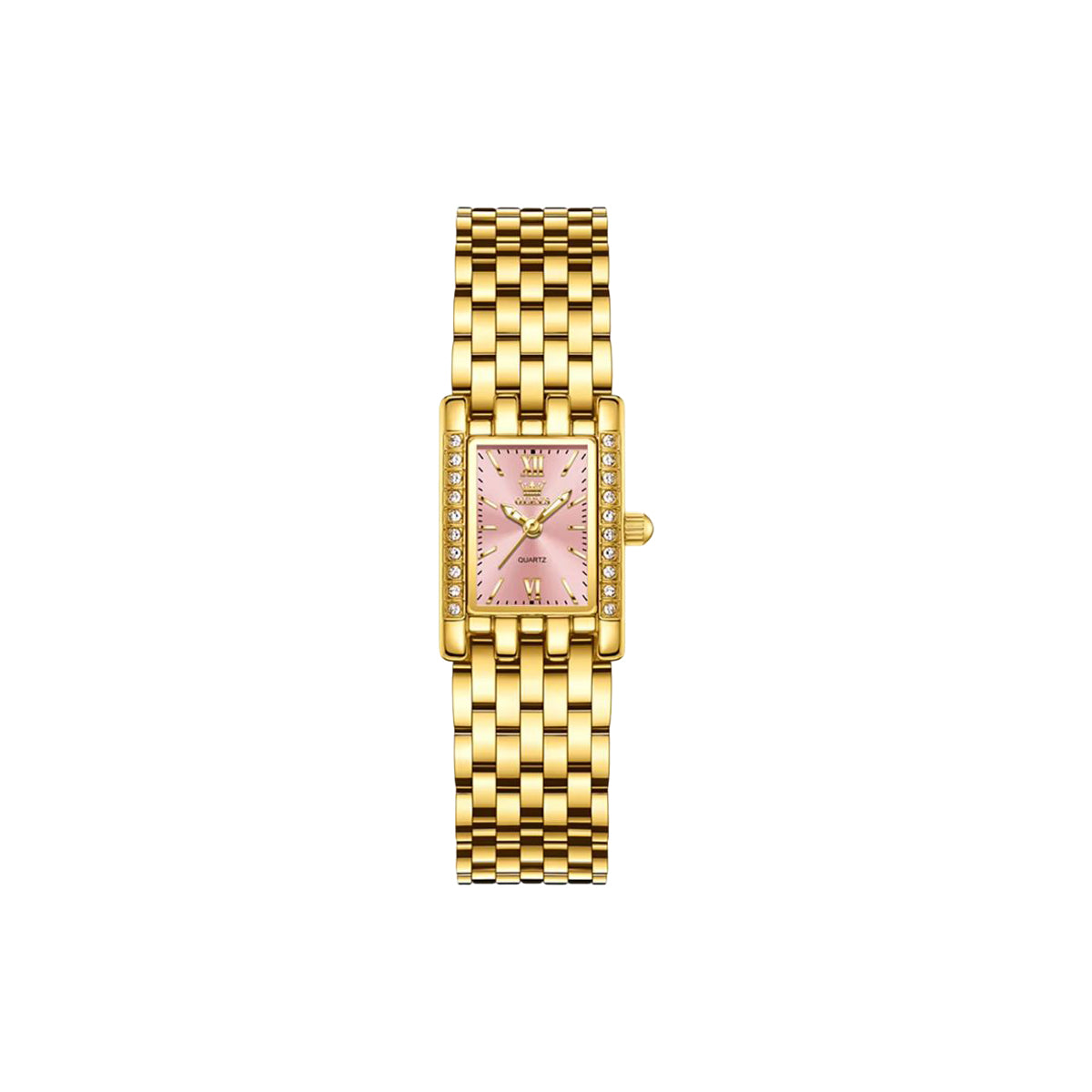 Gold watch with a pink face on a white background