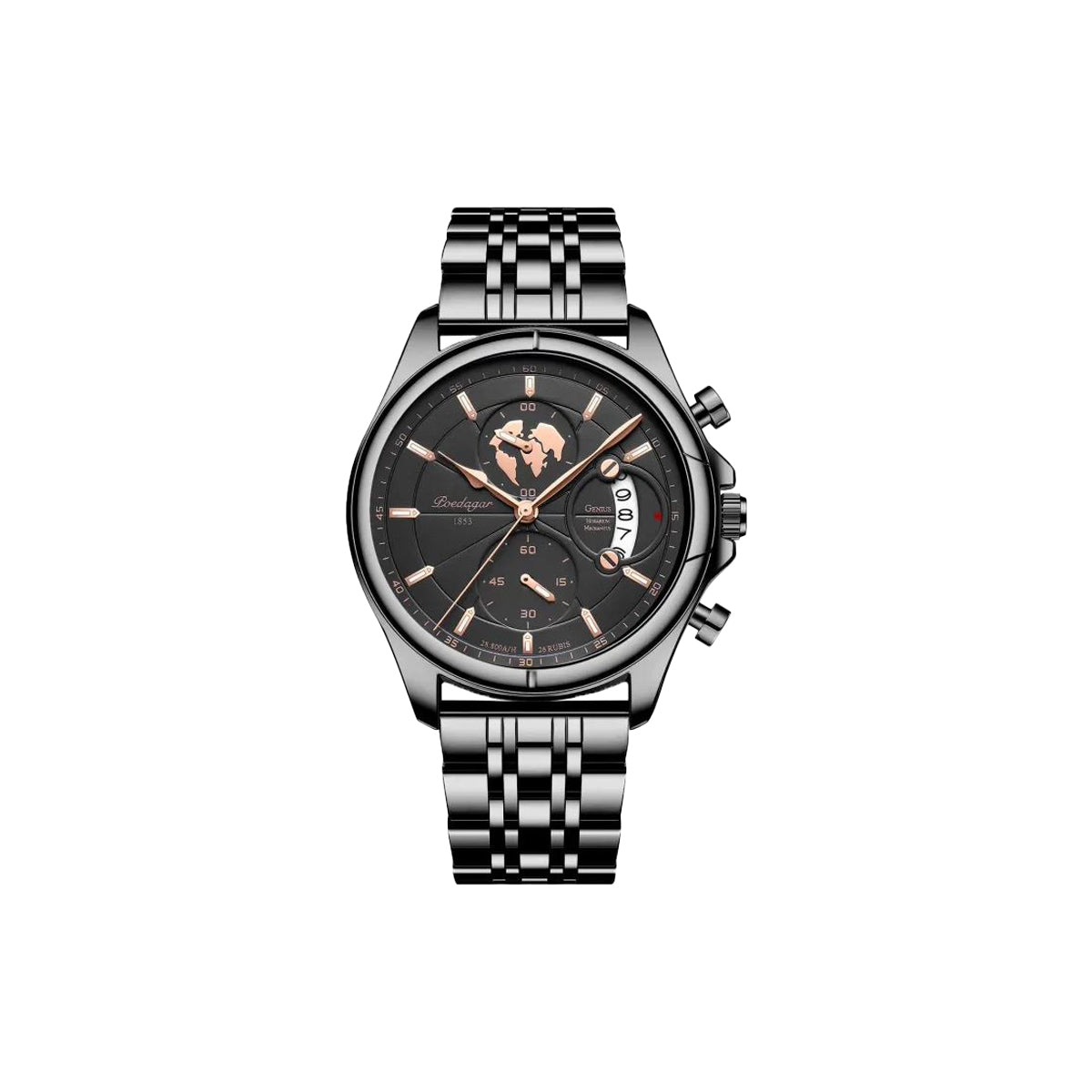 Luxury watch with black dial and silver metal bracelet on a white background