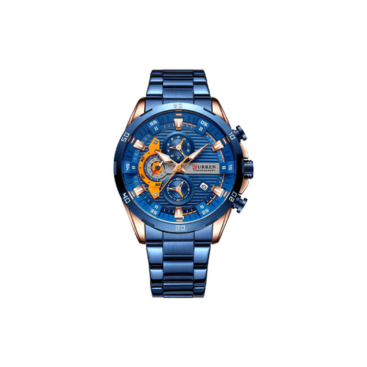 Blue and rose gold watch with detailed face on a white background