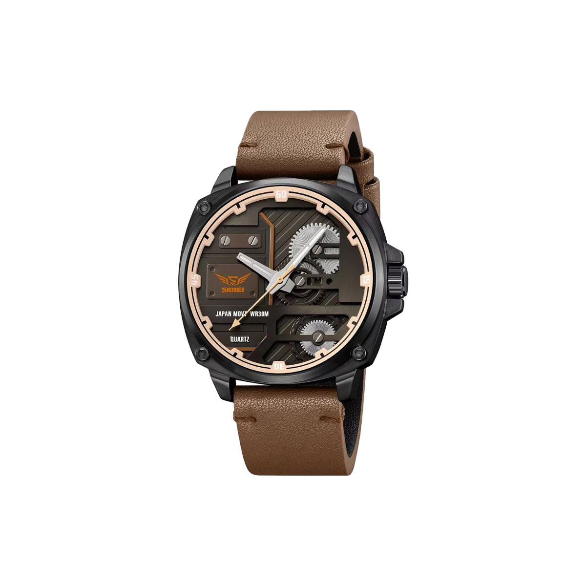 Watch with brown leather strap and black case on white background