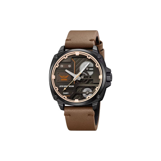 Watch with brown leather strap and black case on white background