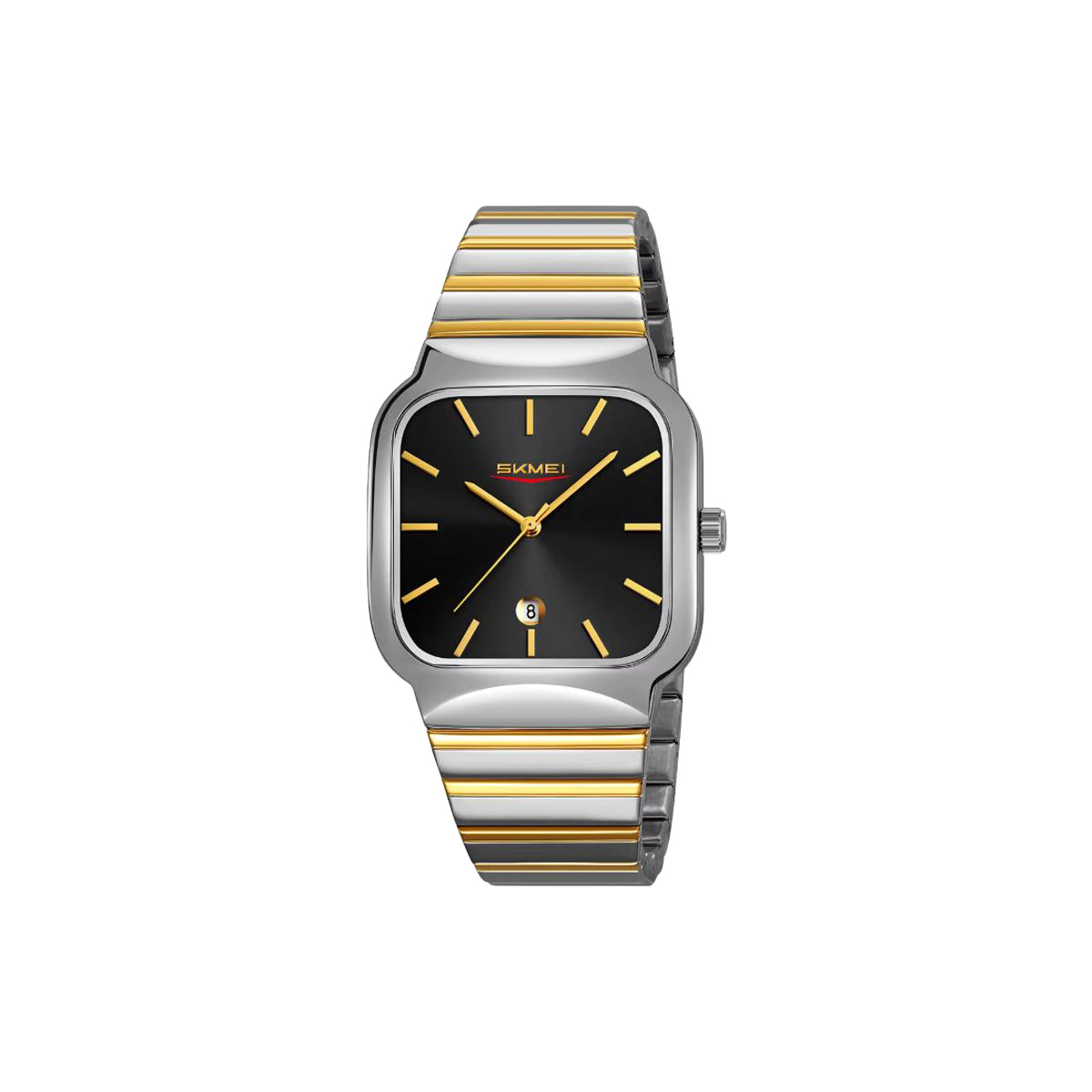 Wristwatch with silver and gold band on a white background