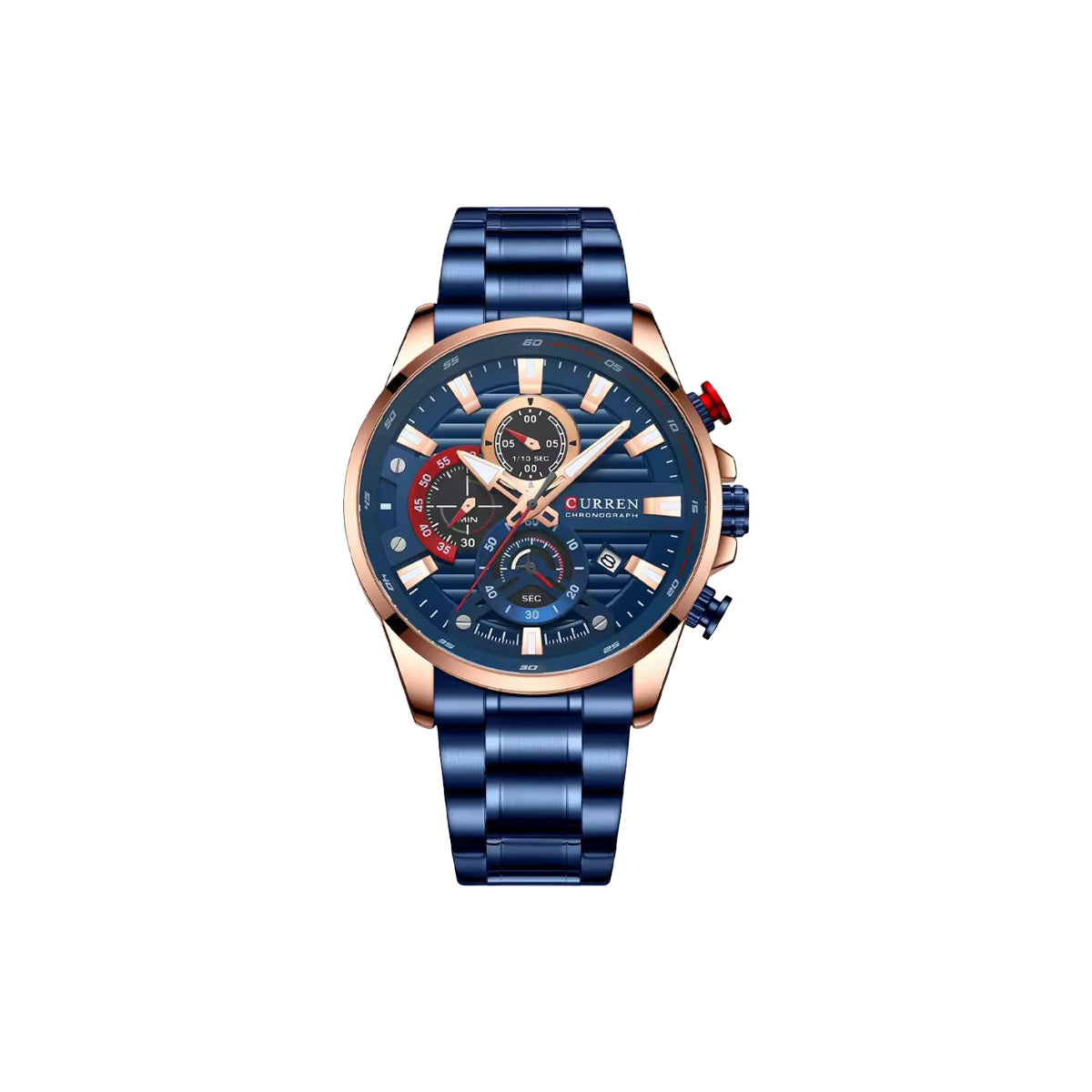 Blue and rose gold watch with detailed face on a white background