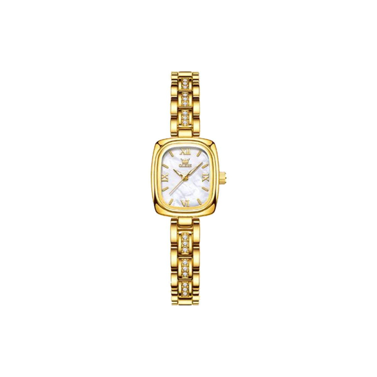 Gold wristwatch with a white face on a white background
