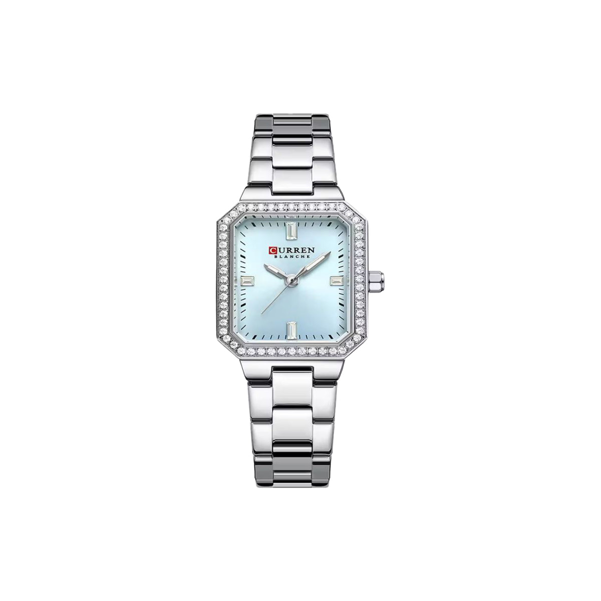 Silver watch with a light blue face on a white background
