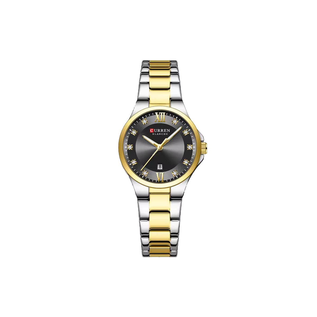 Two-tone gold and silver watch with black dial on a white background