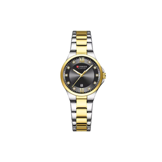 Two-tone gold and silver watch with black dial on a white background